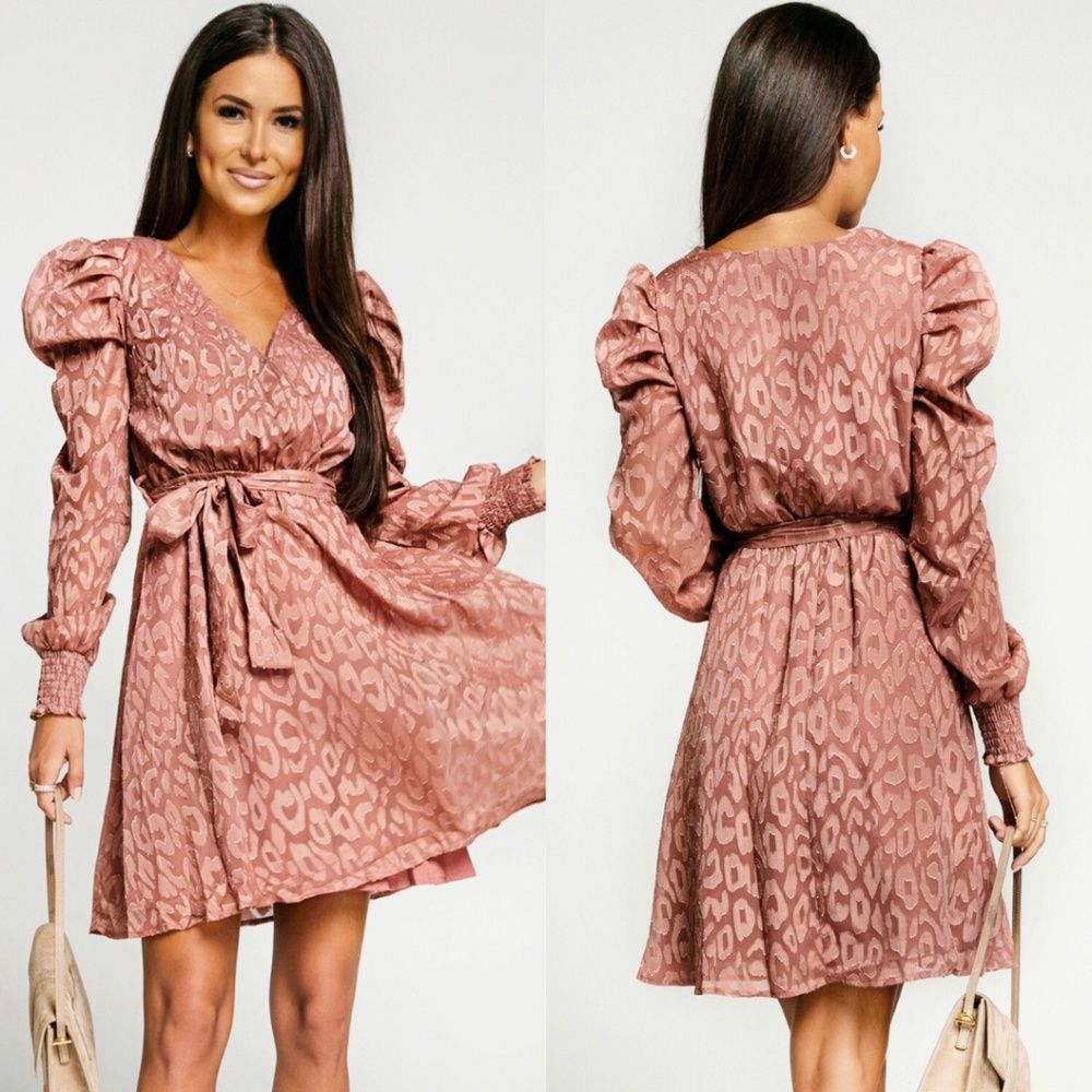 Jacquard Animal Print Faux Wrap Dress